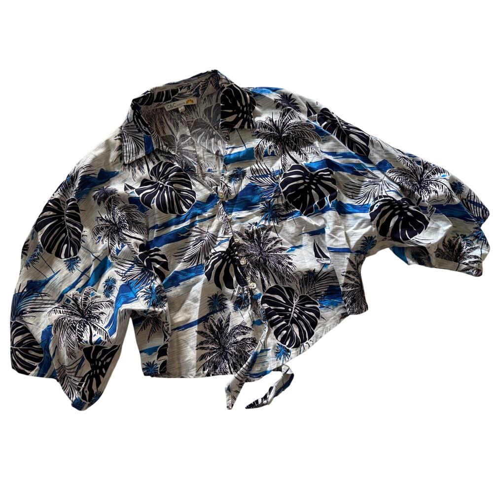C&C California Linen Hawaiian Palm Tie Front Button Down Women's Shirt Large
